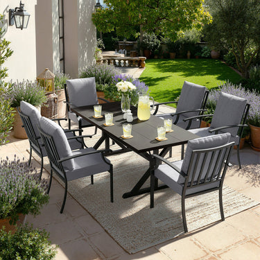 ALAULM 7PCS Patio Dining Set,Outdoor Metal Patio Furniture Set w/6 Fixed Chairs & Large Metal Table w/Umbrella Cutout for Garden,Backyard