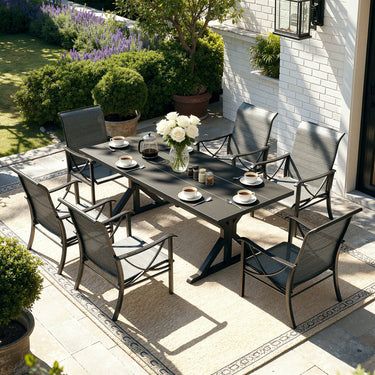 Gotland 7 Piece Outdoor Dining Set, Metal Outdoor table with Spider Legs, Patio Furniture Set with 4 Single Chair and 2 Teslin Swivel Chairs, Patio Dining Sets for Backyard Deck Brown