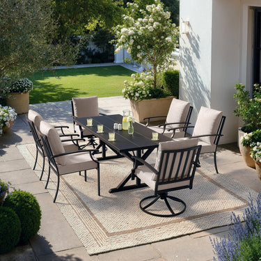ALAULM 7 Pieces Patio Dining Set Outdoor Furniture with 2 Swivel Chairs and 4 Fixed Chairs, Large Table with Umbrella Cutout for Backyard