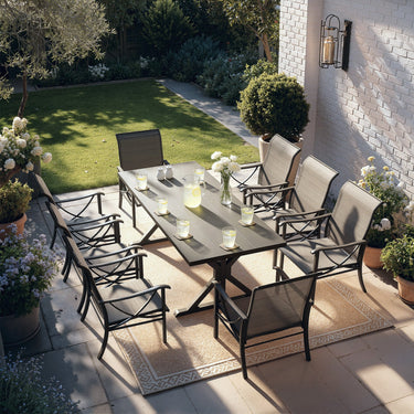 Gotland 9 Piece Outdoor Dining Set, Metal Outdoor table with Spider Legs, Patio Furniture Set with 6 Single Chair and 2 Teslin Swivel Chairs, Patio Dining Sets for Backyard Deck Brown
