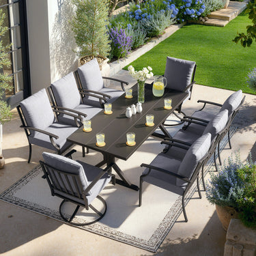 ALAULM 9 Pieces Patio Dining Set Outdoor Furniture with 2 Swivel Chairs and 6 Fixed Chairs, Large Table with Umbrella Cutout for Backyard