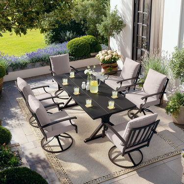 ALAULM 7PCS Patio Dining Set,Outdoor Metal Patio Furniture Set w/6 Swivel Rocking Chairs & Large Metal Table w/Umbrella Cutout for Garden,Backyard