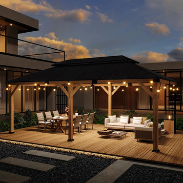 ALAULM 12×20 ft Solid Wood Gazebo, Grill Canopy Pergola, Featuring Double-Layer Iron Roof, Storage Cupboard and Ground Anchors