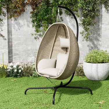 ALAULM Foldable Egg Chair with Stand, 485LBS Capacity Textilene Hammock Swing Chair for Outdoor & Indoor, Patio Hanging Chair with Strong Frame & UV Resistant Cushion for Balcony, Bedroom, Cream/D1