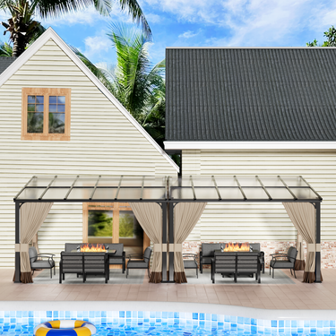 ASJMR Wall Mounted Gazebo with Polycarbonate Roof,Metal Frame Lean to Gazebo With Double Curtains for Garden Lawn Backyard Deck