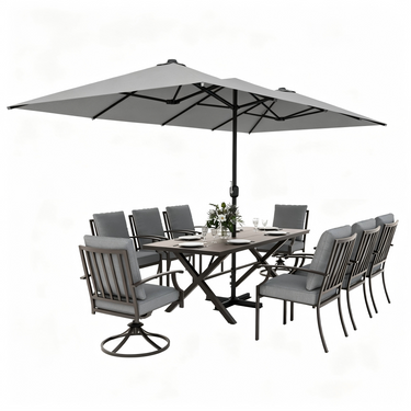 Gotland 10PCS Outdoor Patio Dining Set with 13.6ft Double-Sided Patio Umbrella, Patio Table and Chairs Metal Outdoor Patio Furniture Set, Dining Table Set with 8 Swivel Chairs