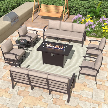 ALAULM Aluminum Patio Furniture Set with Propane Fire Pit Table 10-seat Metal Outdoor Furniture w/Fire Pit Patio Sectional w/5.1" Cushions for Patio, Backyard, Poolside-Black
