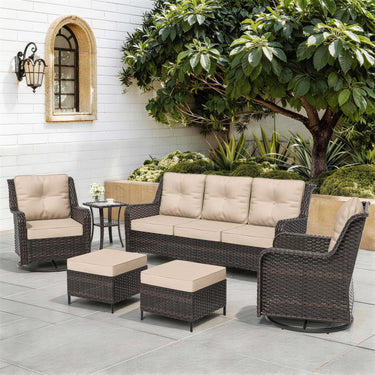 ALAULM 7-Piece Patio Furniture Set, Outdoor Thick Wicker High Back Conversation Set with 3-Seater Sofa, Swivel Chairs, Ottomans and Square Coffee Table for Yard Patio