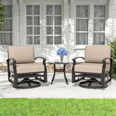 ALAULM 3 Pieces Patio Furniture Set, 2 Aluminum Outdoor Swivel Rocking Chairs with 5.1" Padded Removable Cushions & 1 Tempered Glass Coffee Table for Backyard Lawn Porch