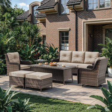 ALAULM 7 Pieces Patio Furniture Set,All-Weather Wicker High Back Outdoor Swivel Rocker Patio Chairs with Coffee Table & Thick Cushions,Paito Conversation Set for Porch,Deck