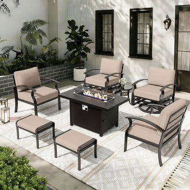 ALAULM 6-Seat Aluminum Patio Furniture Set, Outdoor Patio Conversation Set with Propane Fire Pit Table and 5.1" Cushions for Patio Backyard Poolside, Sand