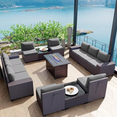 Gotland 13 Pieces Outdoor Patio Rattan Wicker Furniture Set with 43" Fire Pit Table Set Outdoor Steel