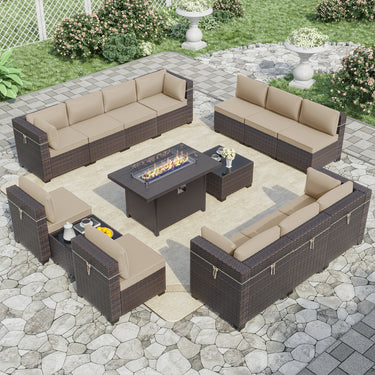 ALAULM 15-Piece Aluminum Weatherproof Outdoor Conversation Sets with Fire Pit Table, Blue/Brown
