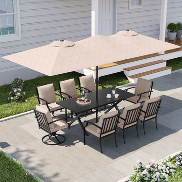 ALAULM Patio Dining Set w/14FT Umbrella, Metal Outdoor Furniture Set w/Rectangular table or Patio, Backyard, Garden, Poolside