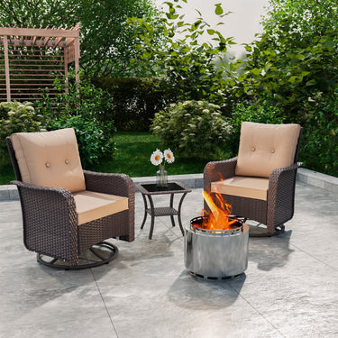 ALAULM 3PCS Outdoor Conversation Sets with 19" Smokeless Stove, Outdoor Swivel Glider Chair with Glass Top Side Table, Fire Pit Comes with Waterproof Cover and Fire Poker, for Porch Backyard