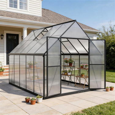 ALAULM Outdoor Polycarbonate Greenhouse with Aluminium Frame, Walk-in Greenhouse with Drainage Channel, 2 Adjustable Roof Vents, Lockable Double Doors for Garden Backyard Patio Lawn