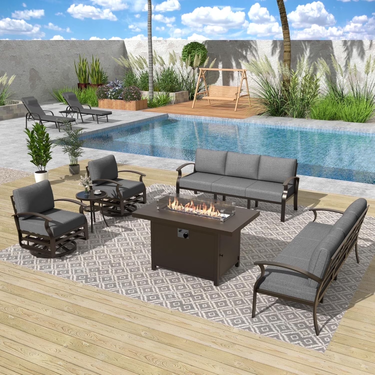 ALAULM Aluminum Patio Furniture Set with Propane Fire Pit Table 8-seat Metal Outdoor Furniture w/Fire Pit Patio Sectional w/5.1" Cushions for Patio, Backyard, Poolside