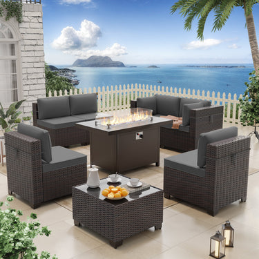 ALAULM 8 Pcs Patio Furniture Set withStainless Steel Gas Fire Pit Table, Brown/Blue