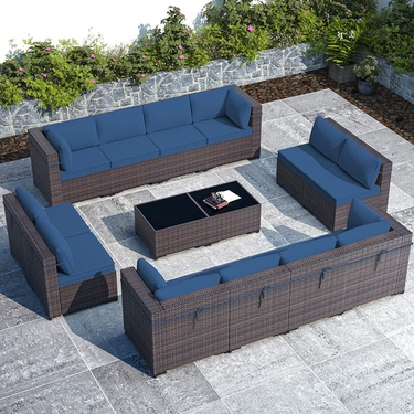 Gotland Outdoor Patio Furniture Set 14 Pieces Sectional Rattan Sofa Set PE Rattan Wicker Patio Conversation Set with Seat Cushions and Tempered Glass Table
