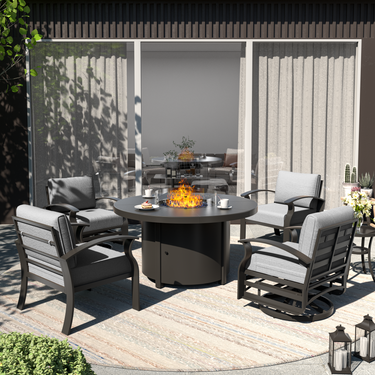 ALAULM 4-Seat Aluminum Patio Furniture Set, Outdoor Patio Conversation Set with Round Fire Pit Table and 5.1" Cushions for Patio Backyard Poolside
