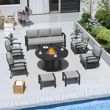 ALAULM Aluminium Patio Furniture Set with Swivel Chairs, 9-Seater Metal Outdoor Furniture Patio Sectional Sofas Patio Conversation Set with 2 swivel chairs For Patio, Backyard, Poolside