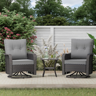 Gotland 3-Piece All-Weather Outdoor Patio Set, Wicker Swivel Chairs and Side Table, Durable Conversation Furniture for Backyard, Porch, Balcony, Deck