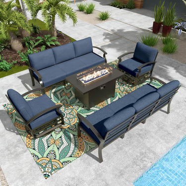 Gotland 8 Seats Outdoor Metal Patio Furniture Set with 2 Swivel Rocking Chairs&55,000 BTU Gas Fire Pit Table w/Glass Wind Guard Patio Conversation Sectional Sofa Sets