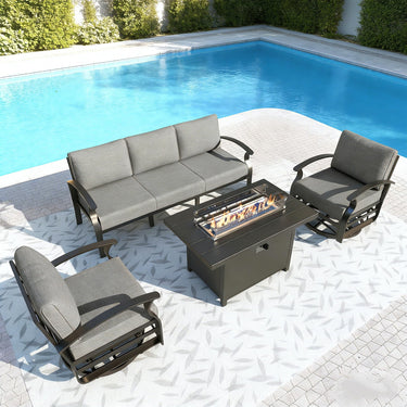Gotland 5 Seats Outdoor Metal Patio Furniture Set with 2 Swivel Rocking Chairs&55,000 BTU Gas Fire Pit Table w/Glass Wind Guard Patio Conversation Sectional Sofa Sets
