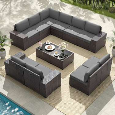 Gotland Outdoor Patio Furniture Sectional Conversation Set 12Pcs Rattan Wicker 10 Cushion Table