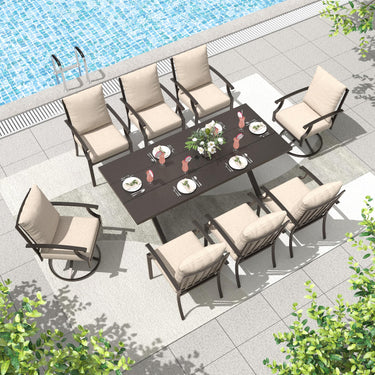 9-Piece Patio Dining Set | Swivel Chairs & Metal Table with Umbrella Hole