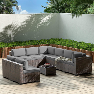 Gotland Outdoor Patio Furniture Set 9 Piece Sectional Rattan Sofa Set Rattan Wicker Patio Conversation Set with 8 Seat Cushions and 1 Tempered Glass Table