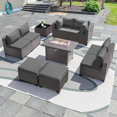 Gotland 10 Pieces Outdoor Patio Furniture Set, Outdoor Sectional Furniture with 43" 55000 BTU Gas Propane Fire Pit Table, All Weather PE Rattan Wicker Patio Conversation Set with 2 Ottomans
