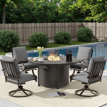 ALAULM 5PCS Metal Outdoor Patio Furniture Set with 48"/55000 BTU Round Fire Pit Table,Outdoor Dining Table Set 4 Swivel Chairs No-Slip Cushion