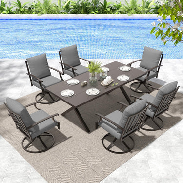 Gotland 7 Piece Outdoor Dining Set, Meta Swivel Chairs and Outdoor Table with X-Shaped Leg 1.5" Umbrella Hole, Patio Furniture Set for Backyard Deck