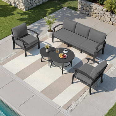 Gotland 5 Piece Aluminum Patio Furniture Set,Modern Metal Outdoor Patio Furniture w/5.1'' Thick Cushion and Round Coffee Table,Patio Conversation Sets for Porch,Deck