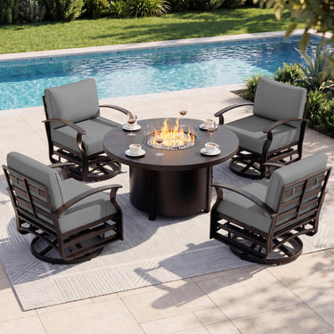 ALAULM 5 Pieces Aluminum Outdoor Patio Furniture Set, 4 Seats Patio Conversation Sets with 48" Round Propane Fire Pit Table,Metal Furniture Set with Thick Cushion