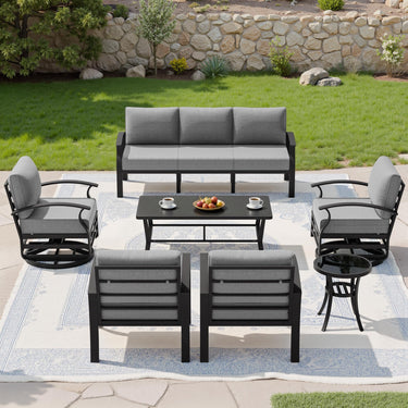 Gotland 7 Piece Aluminum Patio Furniture Set,Modern Metal Outdoor Patio Furniture w/5.1'' Thick Cushion,Swivel Chairs and Rectangular Coffee Table,Patio Conversation Sets for Porch,Deck