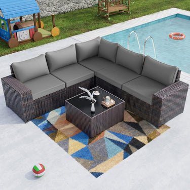 Gotland 6 Pieces Outdoor Patio Furniture Set Rattan Wicker Conversation Set,Wide Armrest