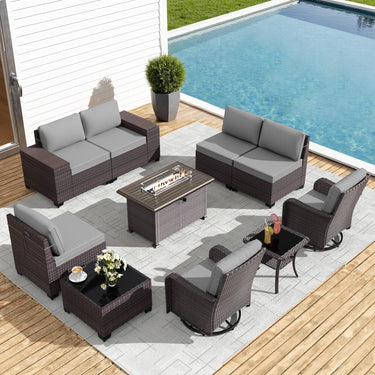 Gotland 10PCS Outdoor PE Rattan Wicker Patio Furniture Set with 43" Fire Pit Table & Swivel Rocking Chairs Set