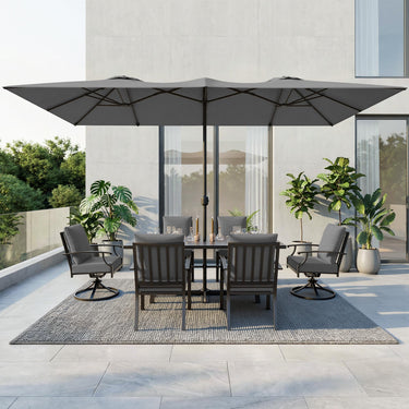 Gotland 8PCS Outdoor Patio Dining Set with 13.6ft Double-Sided Patio Umbrella, Patio Table and Chairs Metal Outdoor Patio Furniture Set, Dining Table Set with 2 Swivel Chairs