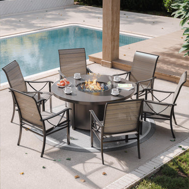 ALAULM 5 Piece Outdoor Conversation Sets, 4 Textilene Fabric Swivel Chairs with Metal Frame and w/48in Propane Round Fire Pit Table for Deck Garden Backyard Porch,Brown