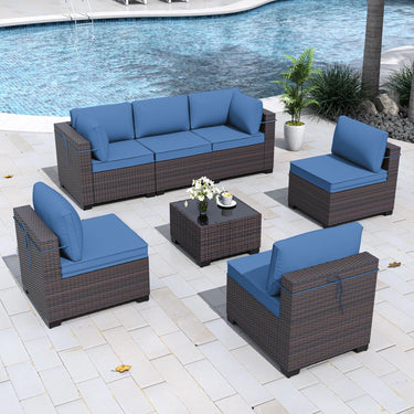 Gotland 7 Piece Outdoor Patio Furniture Sets, Outdoor Furniture Patio Sectional Sofa, All Weather Woven Wicker Patio Sofa Brown PE Rattan Patio Conversation Set