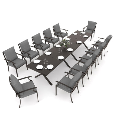Gotland 14 Piece Outdoor Dining Set, Metal Outdoor Table and Chairs with X-Shaped Legs 1.5" Umbrella Hole, Patio Furniture Set with Waterproof Cushions,for Backyard Deck