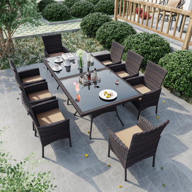 Gotland Outdoor Dining Table Set, Garden Patio Rattan Set with w/Tempered Glass Tabletop with Removable Cushions and Umbrella Cutout for Patio, Backyard