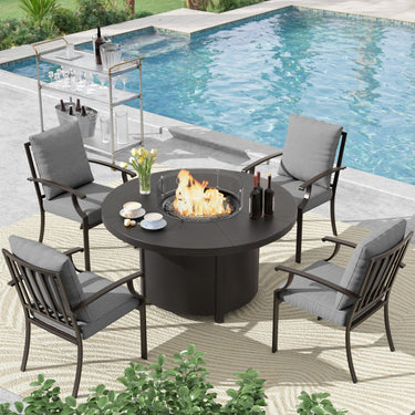ALAULM 5PCS Metal Outdoor Patio Furniture Set with 48"/55000 BTU Round Propane Fire Pit Table,Patio Conversation Sets 4 Fixed Chairs No-Slip Cushions