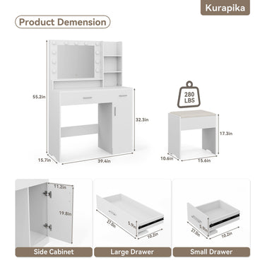 ALAULM 39.4" Vanity Mirror with Lights,Modern Lighted Vanity Table with 3 Drawers & 3 Storage Shelves,with White Vanity Chair,Three Adjustable Lighting Modes,Bedroom Vanity Desk,White
