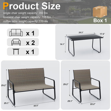 ALAULM 4 Pieces Outdoor Furniture Set All Weather Textile Fabric Patio Conversation Set w/Coffee Table, Loveseat, 2 Single Chairs for Patio, Yard, Garden, Lawn(Brown)