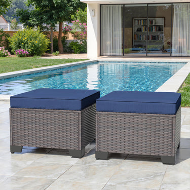 Gotland 2 Pieces All Weather PE Rattan Outdoor Ottoman Foot Stool with Thick Removable Navy Cushion for Backyard, Deck, Porch & Poolside