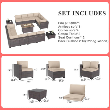 Gotland 15 Pieces Outdoor Patio Furniture Set with Propane Fire Pit Table Outdoor Sectional Sofa