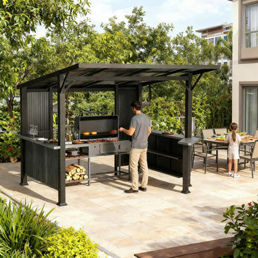 Gotland 10' x 10' Outdoor Hardtop Grill Gazebo, Steel BBQ Gazebo with Multi-Tier Shelves Permanent & Independent Countertop for Patio Backyard Lawn Garden (Dark)